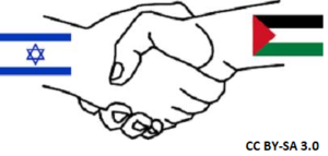 Shaking hands, one labelled with the Palestinian Flag, the other with the Israeli Flag